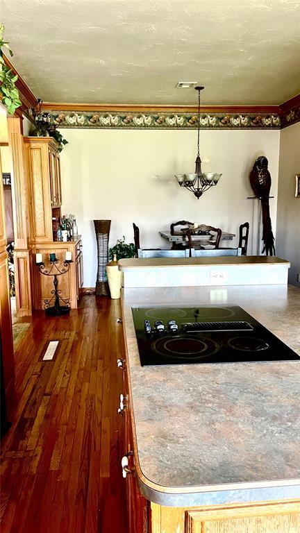 kitchen featuring dark wood-style flooring, an inviting chandelier, and black electric cooktop