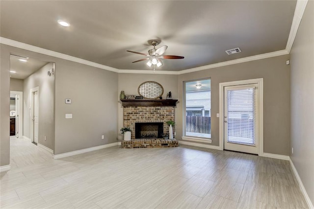 unfurnished living room with crown molding, a fireplace, and ceiling fan