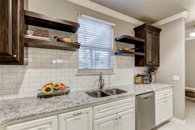 kitchen with white cabinets, tasteful backsplash, ornamental molding, sink, and dishwasher