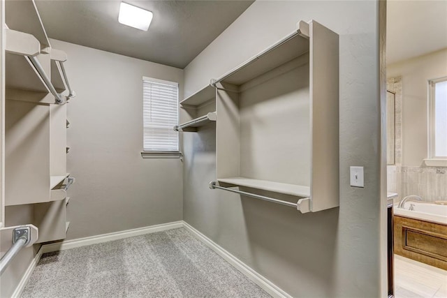 walk in closet featuring light colored carpet