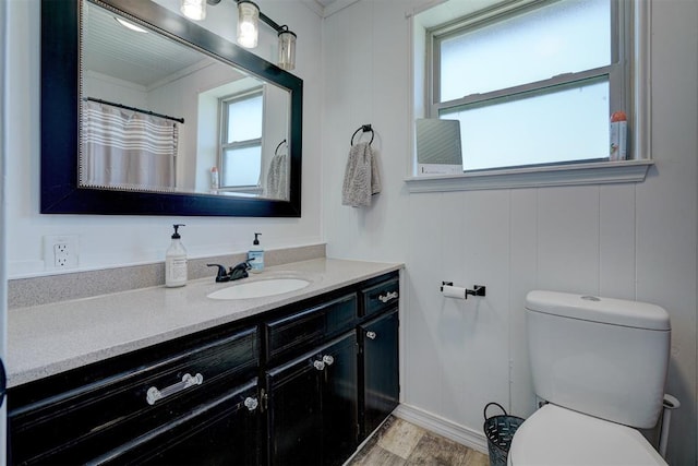 bathroom featuring toilet, vanity, and crown molding