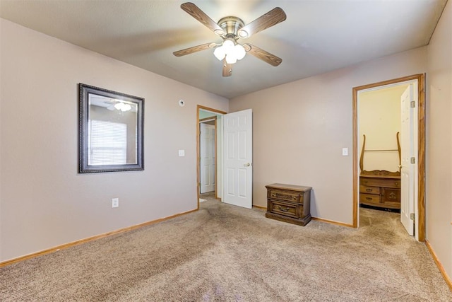 unfurnished bedroom with light carpet and ceiling fan