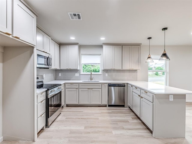 kitchen with sink, appliances with stainless steel finishes, hanging light fixtures, kitchen peninsula, and light wood-type flooring