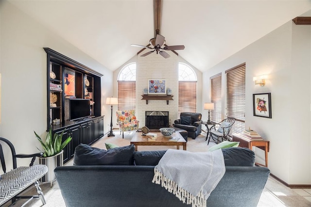 living room with light colored carpet, a brick fireplace, ceiling fan, and lofted ceiling