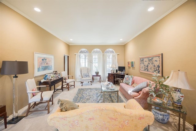 carpeted living room featuring crown molding