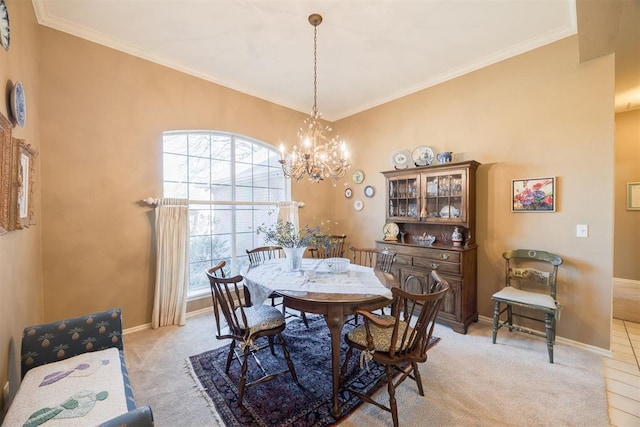 dining room with plenty of natural light, light colored carpet, and ornamental molding