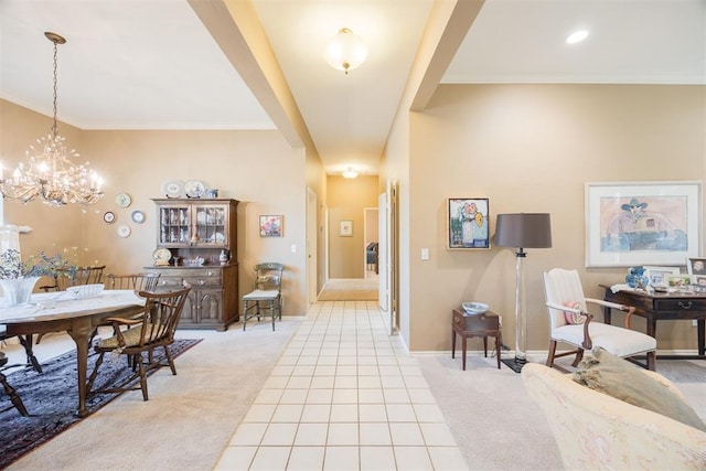 hallway with light colored carpet, crown molding, and a chandelier