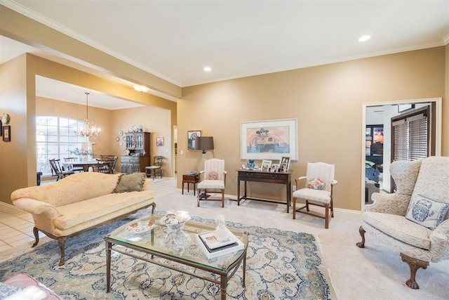 living room featuring light colored carpet, ornamental molding, and a chandelier