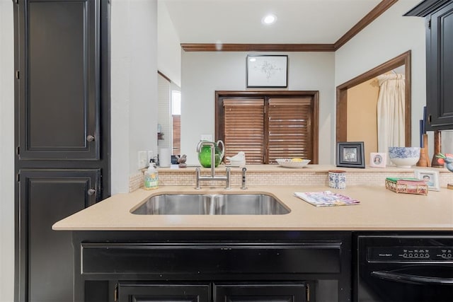 kitchen with dishwashing machine, ornamental molding, and sink