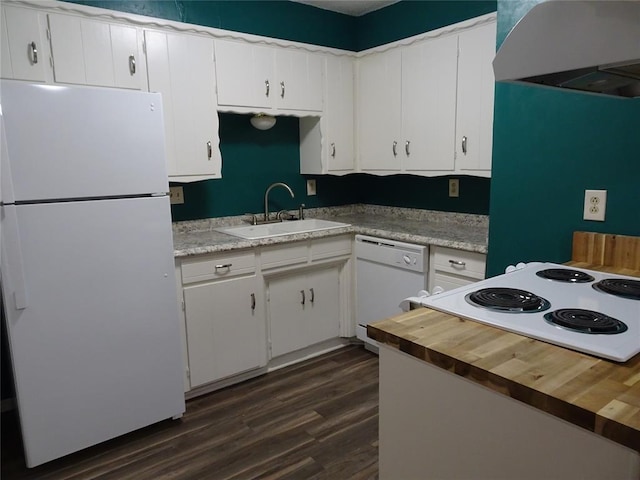 kitchen featuring dark wood-type flooring, sink, white cabinetry, ventilation hood, and white appliances