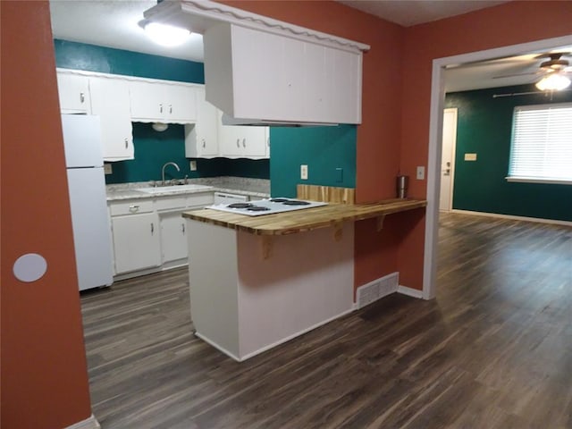 kitchen featuring sink, white cabinetry, dark hardwood / wood-style floors, kitchen peninsula, and white appliances