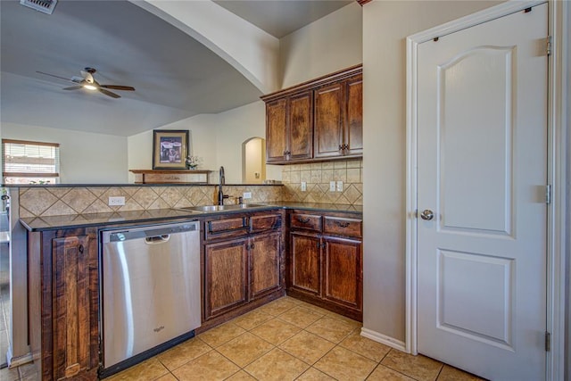 kitchen with sink, ceiling fan, light tile patterned floors, stainless steel dishwasher, and decorative backsplash