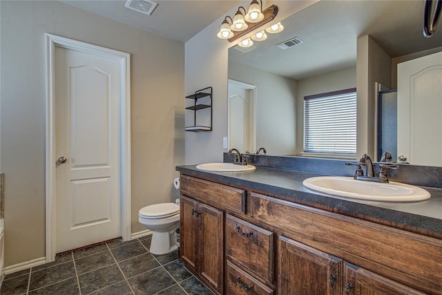 full bathroom with toilet, separate shower and tub, and vanity