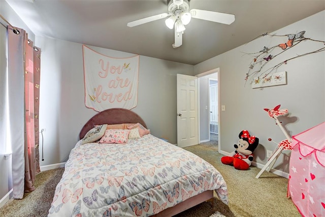 bedroom featuring carpet floors and ceiling fan