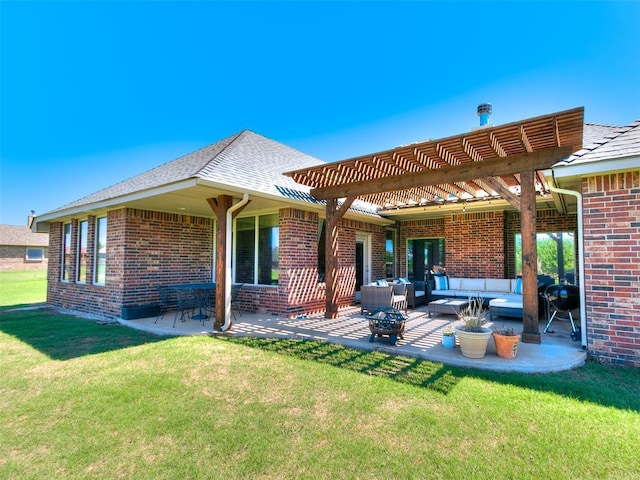rear view of house featuring a pergola, brick siding, an outdoor hangout area, a patio, and a yard