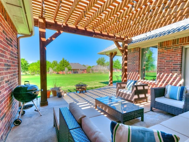 view of patio with area for grilling, a pergola, and an outdoor living space with a fire pit