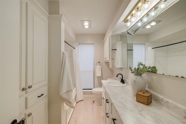 bathroom featuring toilet, hardwood / wood-style flooring, a shower with shower curtain, and vanity