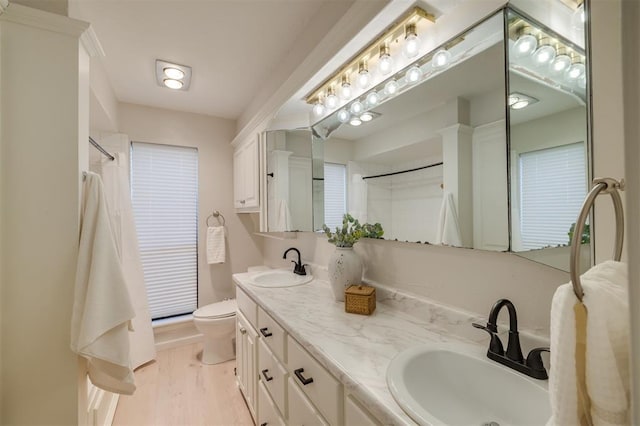 bathroom featuring toilet, hardwood / wood-style flooring, walk in shower, and vanity