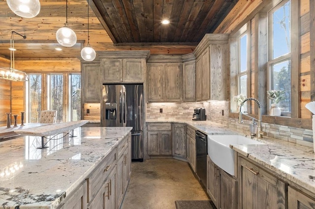 kitchen with stainless steel fridge, wooden ceiling, decorative backsplash, hanging light fixtures, and light stone countertops