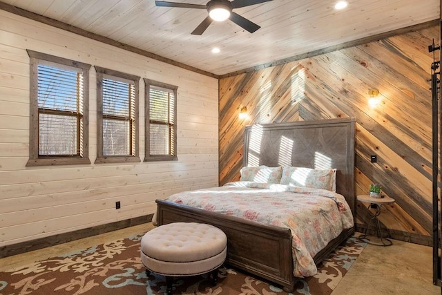 tiled bedroom featuring ceiling fan and wooden walls