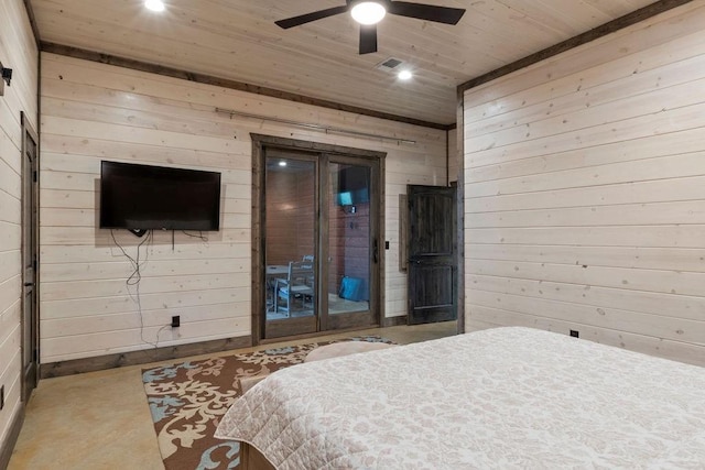 bedroom featuring ceiling fan, access to outside, wooden walls, and wooden ceiling