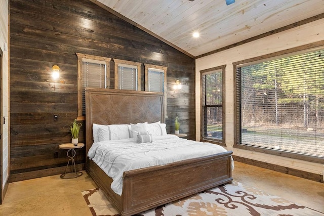 bedroom featuring wood walls, wood ceiling, and vaulted ceiling