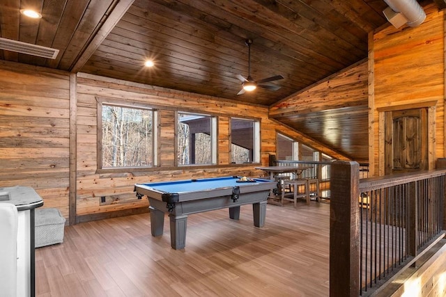 playroom featuring pool table, wood walls, vaulted ceiling, ceiling fan, and wooden ceiling