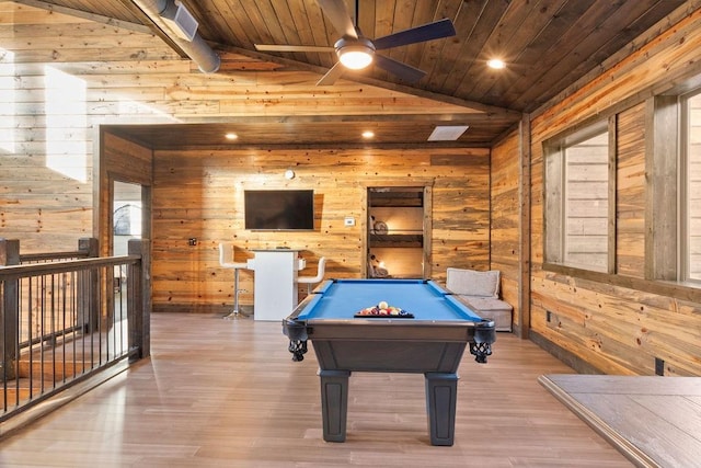 rec room featuring wood ceiling, wooden walls, billiards, lofted ceiling with beams, and ceiling fan