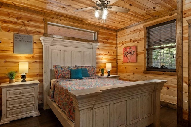 bedroom featuring ceiling fan, wood walls, and wood ceiling