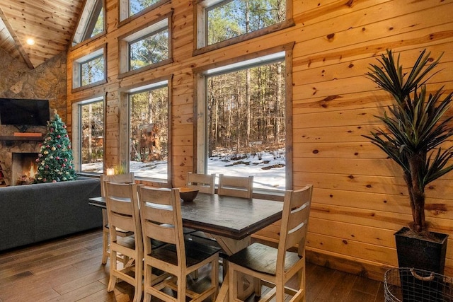 dining space featuring high vaulted ceiling, wood-type flooring, wood ceiling, and wood walls