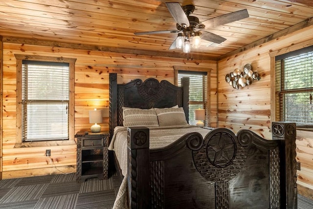 bedroom featuring ceiling fan, wooden ceiling, and wooden walls