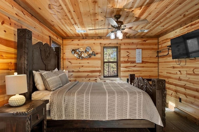 bedroom with wooden ceiling, wooden walls, and ceiling fan