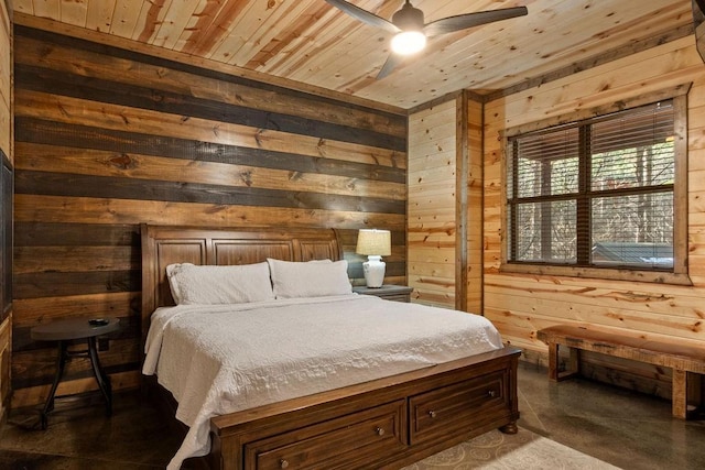 bedroom featuring ceiling fan, wood walls, and wooden ceiling