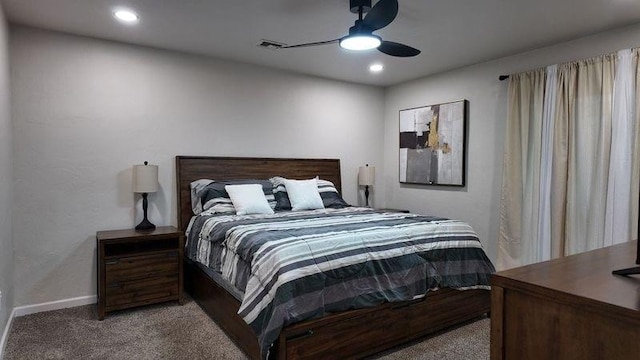 bedroom featuring ceiling fan and carpet floors