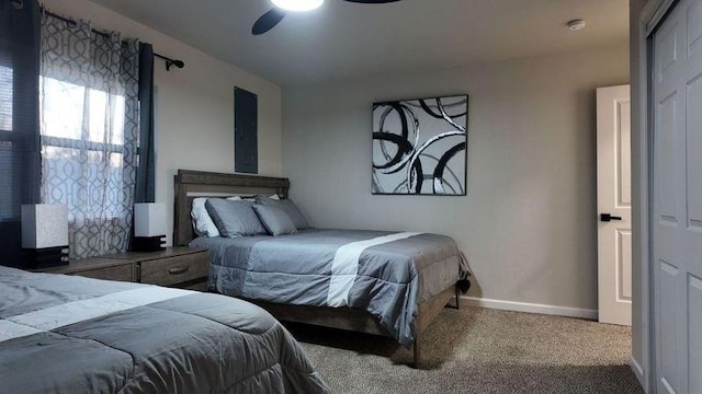 carpeted bedroom featuring ceiling fan