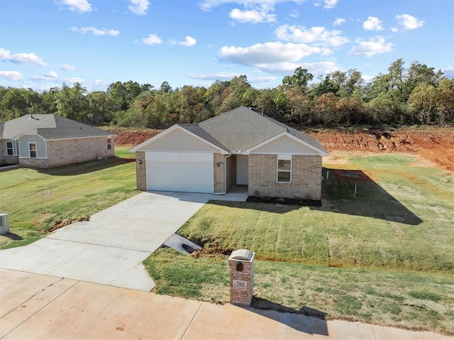 ranch-style house with a garage and a front yard