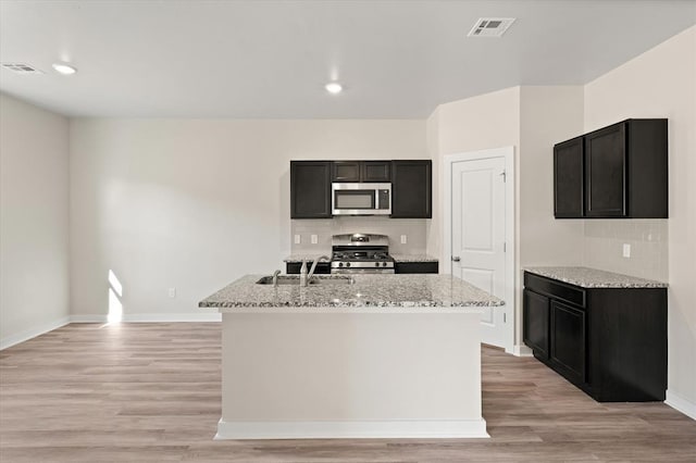 kitchen with appliances with stainless steel finishes, backsplash, and a kitchen island with sink