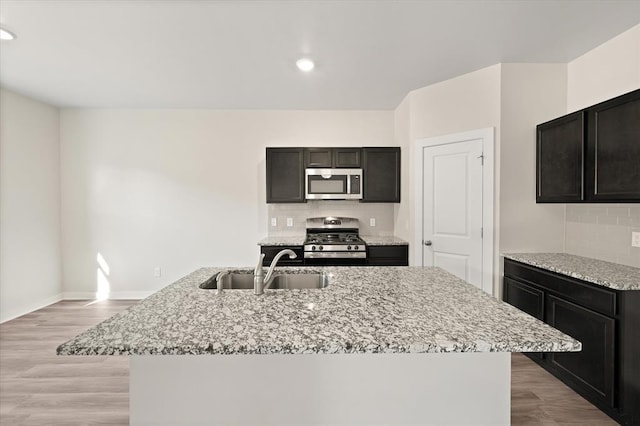 kitchen featuring backsplash, stainless steel appliances, a kitchen island with sink, and sink