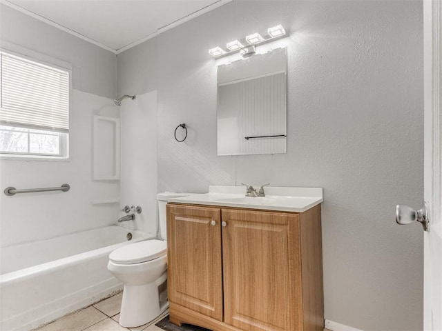 full bathroom with toilet, tile patterned flooring,  shower combination, and vanity