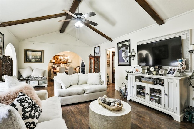 living room with lofted ceiling with beams, dark wood-type flooring, and ceiling fan with notable chandelier