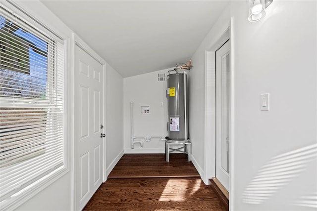 hall featuring electric water heater and dark wood-type flooring