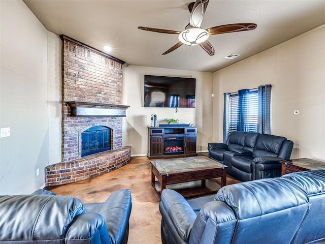 living room featuring a ceiling fan, a fireplace, visible vents, and carpet floors