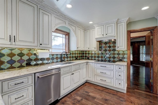 kitchen with white cabinetry, dark wood-type flooring, light stone countertops, stainless steel dishwasher, and sink