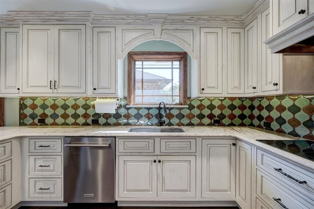 kitchen featuring light stone countertops, dishwasher, black electric stovetop, sink, and backsplash