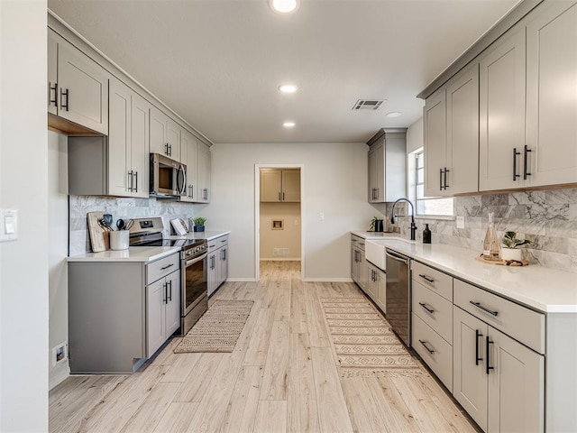 kitchen featuring light hardwood / wood-style floors, decorative backsplash, gray cabinets, appliances with stainless steel finishes, and sink