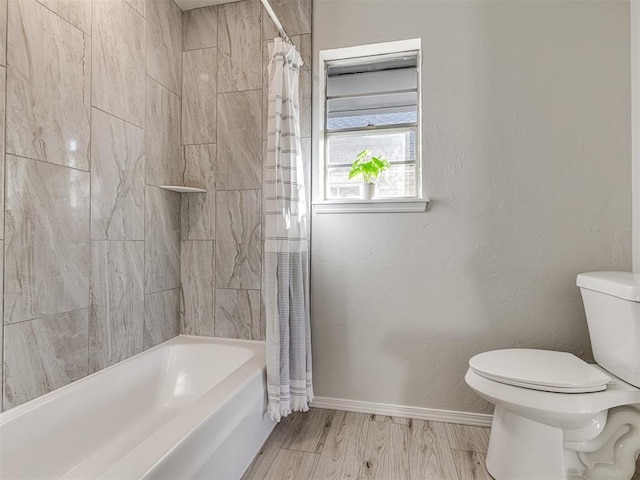 bathroom with toilet, shower / bathtub combination with curtain, and wood-type flooring