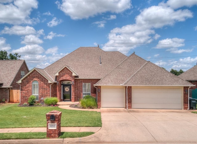 ranch-style house featuring a garage and a front lawn