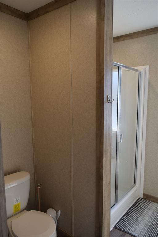 full bathroom with toilet and a shower stall