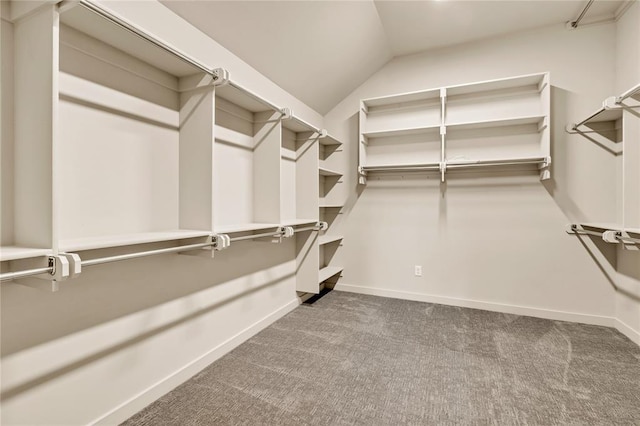 spacious closet with carpet flooring and vaulted ceiling