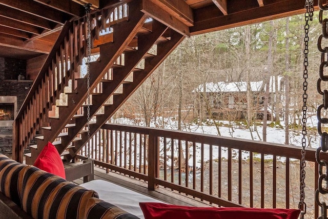 view of snow covered deck